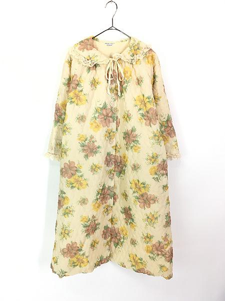 レディース 古着 70s Dela-Ann 花 フラワー 総柄 レース フリル 丸襟 キルティング コート S位 古着の通販は 11,468円