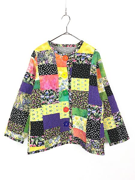 レディース 古着 80s 花 フラワー ドット マルチ デザイン パッチワーク ノーカラー キルティング ジャケット M位 古着の通販は
