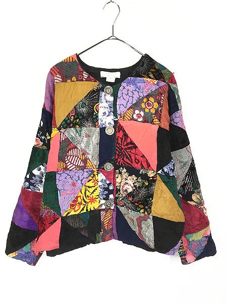 レディース 古着 90s SANDY STARKMAN マルチ パターン 異素材 MIX パッチワーク パデット ノーカラー ジャケット L 古着の通販は