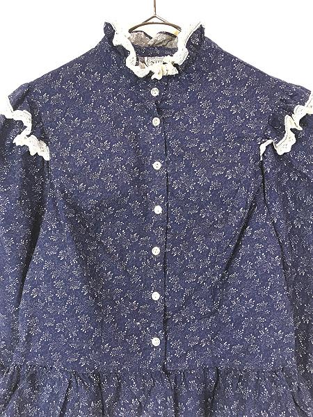 レディース 古着 80s USA製 ガーリー 花柄 レース フリル ブラウス シャツ L位古着の通販は