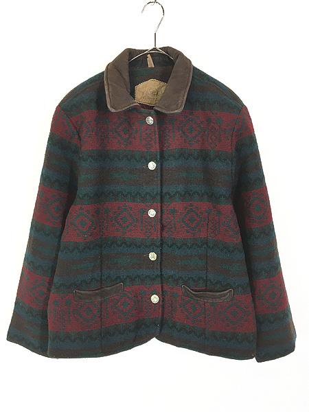 レディース 古着 90s USA製 WoolRich ネイティヴ ボーダー 総柄 異素材カラー ウール ジャケット L 古着の通販は