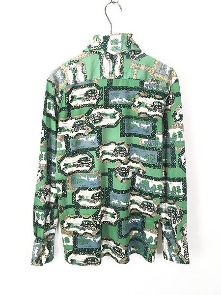 レディース 古着 70s 光沢 うま 馬車 総柄 ナイロン シャツ M 古着 レディース 古着 70s 光沢 うま 馬車 総柄 ナイロン シャツ M