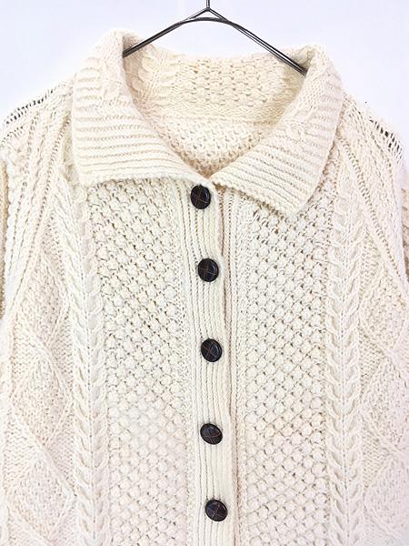レディース 古着 80s Ireland製 Quills Woollen Market ポップコーン アラン フィッシャーマン ウール ハンド ニット カーディガン M位 古着 レディース 古着 80s Ireland製 Quills Woollen Market