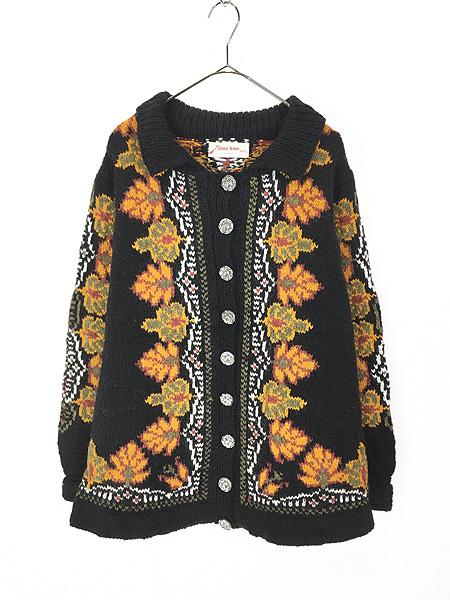 レディース 古着 90s Stitch Witch リーフ 葉 デザイン 襟付き ヘビー ウール ニット カーディガン 黒 XL位 古着の通販は