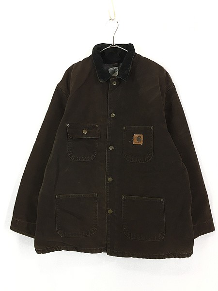 古着 USA製 Carhartt 裏地 ブランケット レッド ブラウン ダック ミシガンチョア カバーオール ジャケット XL位 古着