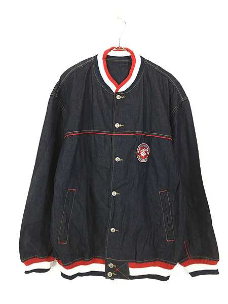 古着 90s ROCA WEAR トリコロール リブライン 濃紺 デニム ボタン