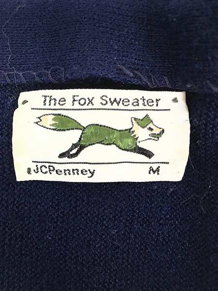 古着 80s USA製 JC Penney The Fox Sweater キツネ ワッペン アクリル ニット カーディガン 紺 M