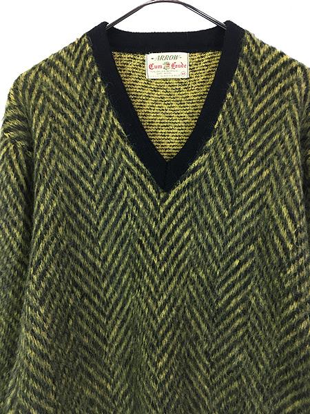 古着 60s ARROW Cum Laude 黒×黄 シャギー アクリル ウール Vネック