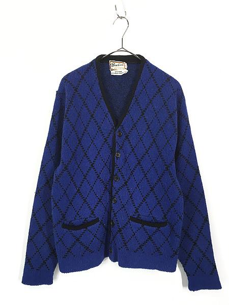 古着 70s Brentwood 単色 アーガイル チェック ウール ニット カーディガン Lの通販は 7,560円