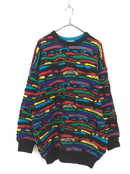 古着 90s KIWI KNITS 3D ランダム ボーダー ウール ニット セーター XL 古着