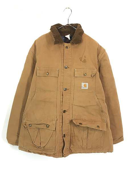 古着 80s USA製 Carhartt 裏地 ストライプ ブランケット ブラウン ダック 6ポケット ハンティング ジャケット XL 古着