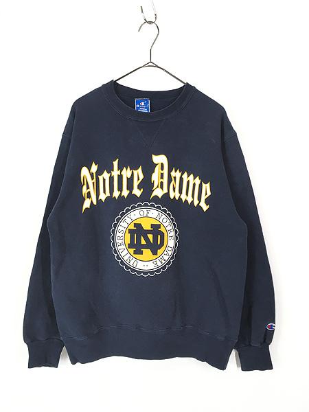 古着 90s USA製 Champion 「NOTREDAME」 前V アーチ プリント スウェット トレーナー 紺 L 古着の通販は