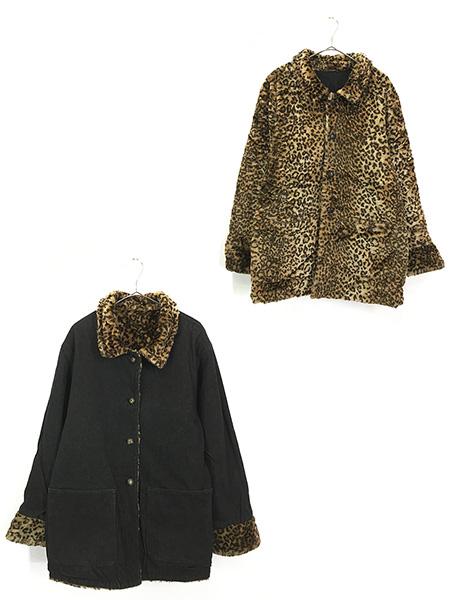 古着 90s Cayenne ヒョウ レオパード 総柄 フェイクファー × ブラック デニム  リバーシブル ビッグシルエット コート S