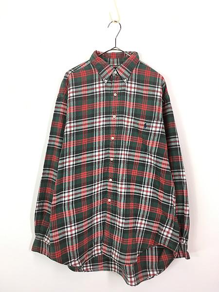 古着 90s Ralph Lauren 「BLAIRE」 緑×赤 タータン チェック ポケット付 BD フランネル シャツ ネルシャツ XL 古着の通販は 5,940円