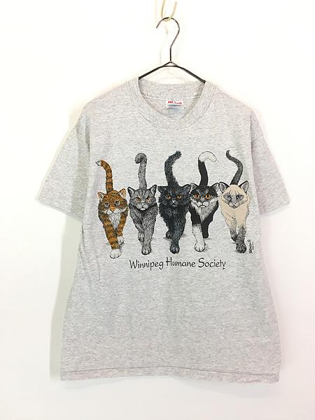 古着 90s USA製 猫 ネコちゃん 両面 アニマル プリント Tシャツ M 古着