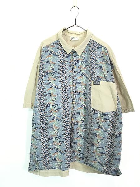 古着 90s USA製 JIMMY'Z ボタニカル フラワー ボーダー 半袖 コットン ボックス シャツ XL