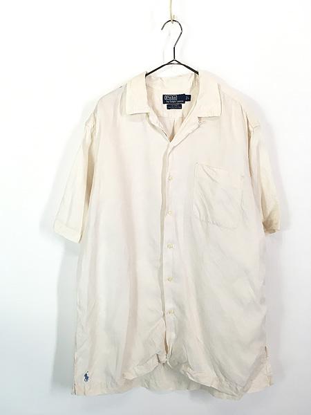 古着 90s Polo Ralph Lauren 「CALDWELL」 ワンポイント ソリッド シルク リネン 半袖 開襟 ボックス シャツ オフホワイト M 古着