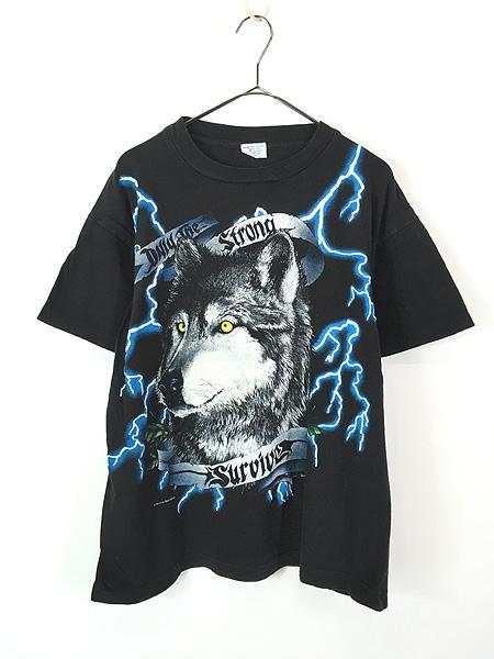 古着 90s AMERICAN THUNDER 豪華 ウルフ ブルー サンダー Tシャツ L 古着