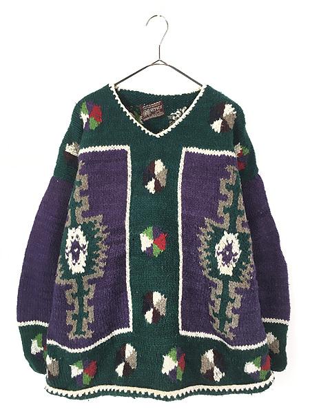 古着 90s エクアドル製 Rey Wear ネイティブ 総柄 ヘビー ウール ハンド ニット セーター XL位 古着