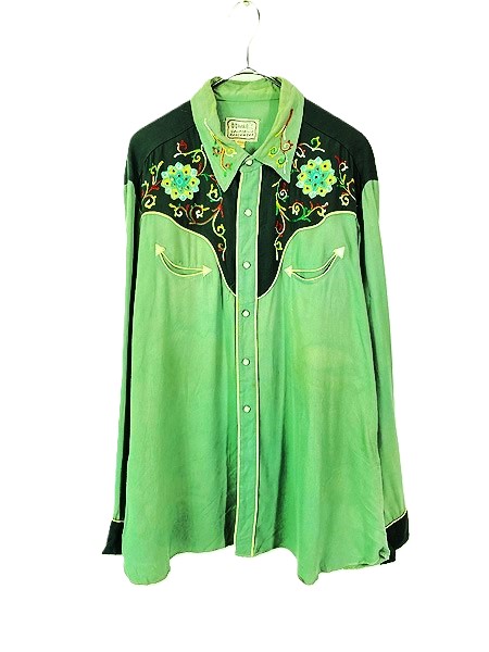 古着 50s H BAR C スマイルポケット ラインストーン & フローラル ステッチ レーヨン ギャバジン ウエスタン シャツ XLの通販は