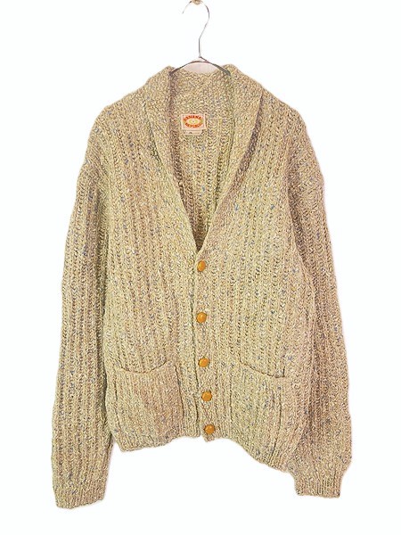 古着 80s BANANA REPUBLIC パチポケ ネップ ローゲージ ヘビー ウール ハンド ニット ショールカラー カーディガン XL