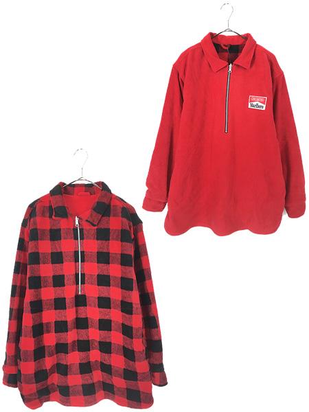 「Deadstock」 古着 90s Marlboro バッファロー チェック ハーフジップ リバーシブル フリース シャツ ジャケット S 古着