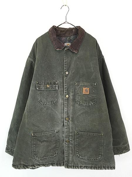 古着 00s USA製 Carhartt 裏地 ストライプ ブランケット MOS モスグリーン ダック ミシガンチョア カバーオール ジャケット XXXL 古着