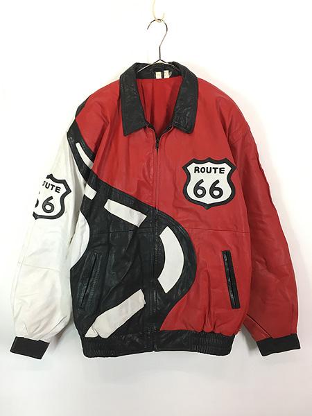 古着 90s ROUTE 66 パッチワーク 本革 オール レザー 襟付き スタジャン ジャケット XL 古着