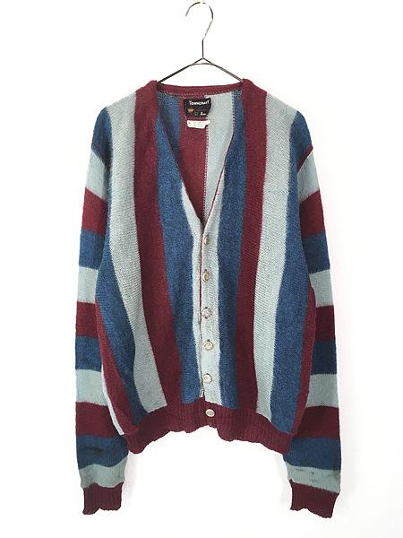 古着 60s Towncraft Penneys 刻印ボタン オール ストライプ シャギー モヘア ウール ニット カーディガン L