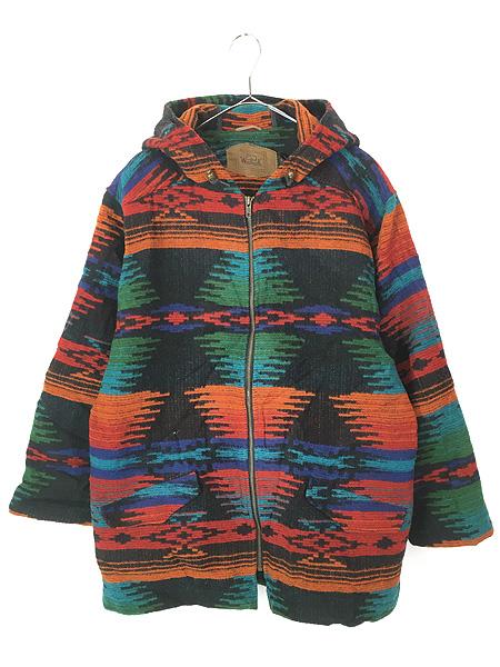 古着 80s USA製 WoolRich ネイティブ チマヨ 総柄 フルジップ ウール ブランケット パーカー ジャケット Lの通販は