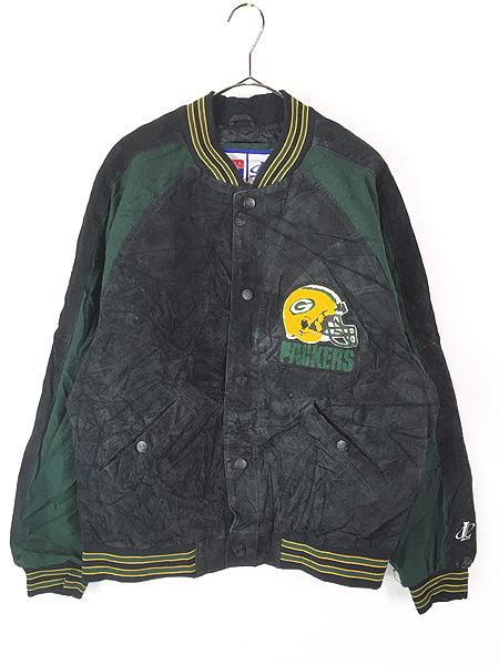 NFL　グリーンベイパッカーズ　スエードレザージャケット　スタジャン 古着 90s NFL Green Bay Packers パッカーズ パイル パッチ 本革