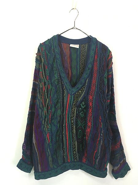 古着 90s Australia製 COOGI 3D ランダム ストライプ Vネック コットン ニット セーター L 古着