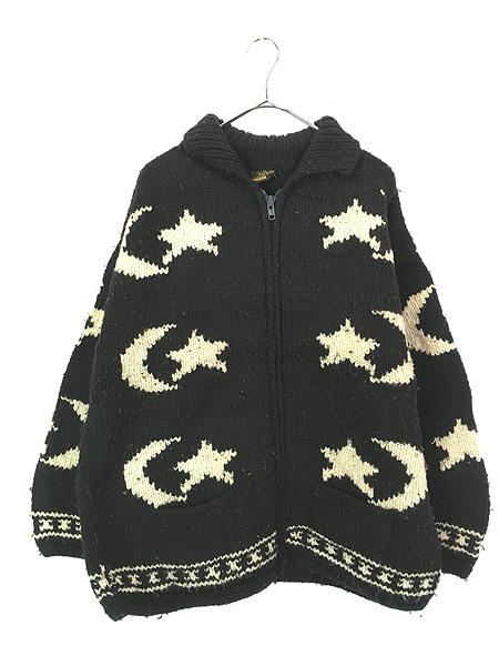 古着 90s エクアドル製 TEJIDOS IMALAYA スター & ムーン ヘビー ウール ハンド ニット ジップ カーディガン XL位 古着