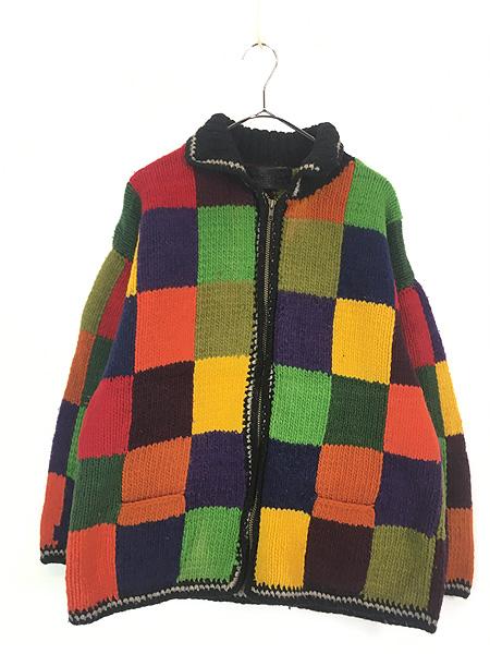 古着 90s エクアドル製 NATIVE AMERICAN カラフル ブロック パッチワーク ハンド ニット ジップ カーディガン L位 古着