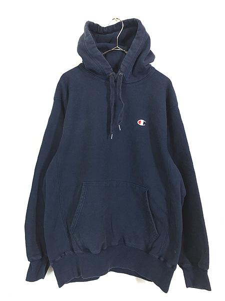 古着 Champion Reverse Weave ワンポイント リバース スウェット パーカー 紺 L 古着