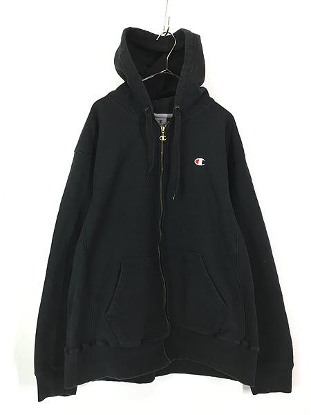古着 Champion Reverse Weave ワンポイント リバース スウェット ジップ パーカー 黒 XL 古着