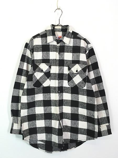 古着 80s Dickies 黒白 モノトーン ブロック チェック ヘビー フランネル シャツ ヘビネル Mの通販は