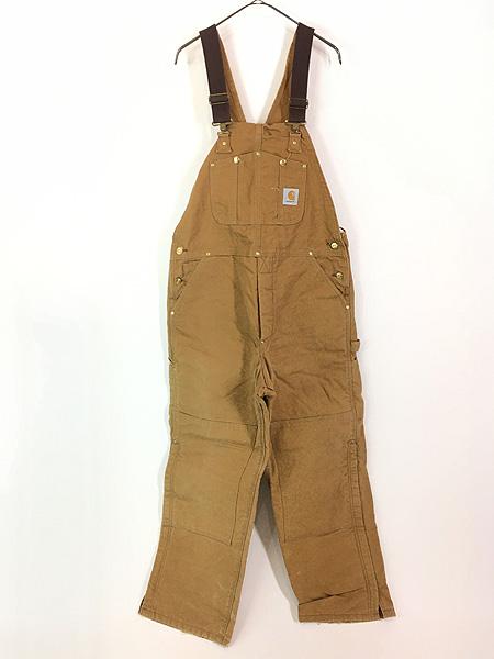 古着 80s USA製 Carhartt パデット ブラウン ダック Wニー ワーク オーバーオール W37 L29 古着