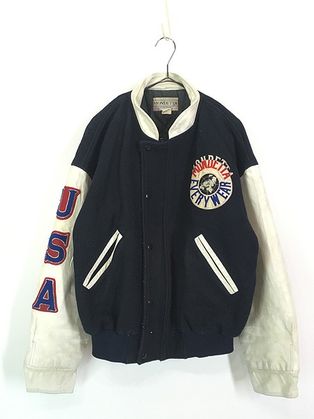 古着 90s MONDETTA 「USA」 星条旗 フラッグ ウール × 本革 レザー スタジャン ジャケット M位 古着