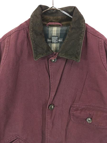 90's バナナリパブリック 襟レザー本革 ハンティング カバーオール M 古着 90s BANANA REPUBLIC 本革 レザー襟 ダック ハンティング