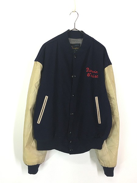 古着 70s Champion × Naugalite 「GOSHEN」 フェイクレザー × ウール スタジャン ジャケット XL 古着