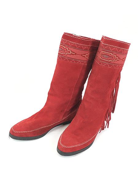 雑貨 古着 80s ITALY製 CALDERONE 裏地ボア ネイティブ スエード レザー フリンジ フラット ブーツ 靴 24.5?p位 古着