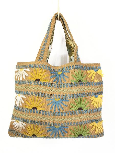 雑貨 古着 50-60s 花 フラワー ボーダー 刺しゅう 麻 リネン ハンドバッグ 中型 古着