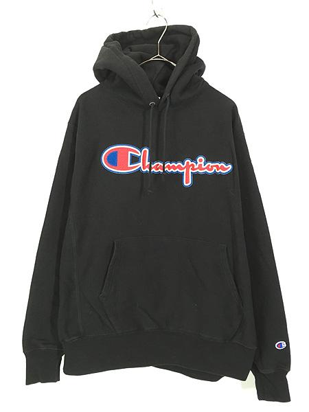 古着 Champion Reverse Weave BIG フェルト パッチ リバース スウェット パーカー 黒 L 古着