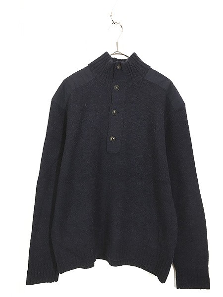 古着 Polo Ralph Lauren ショルダーパッチ ハイネック ハーフボタン ラムウール ニット セーター 紺 L 美品!! 古着の通販は