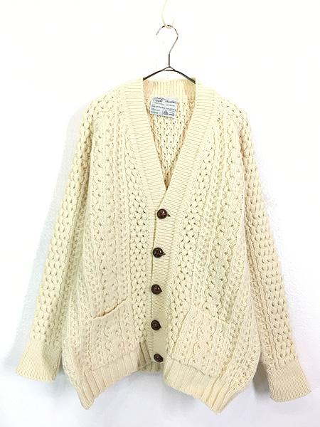 古着 80s Ireland製 Purple Heather ポップコーン アラン フィッシャーマン ローゲージ ウール ハンド ニット カーディガン XL位