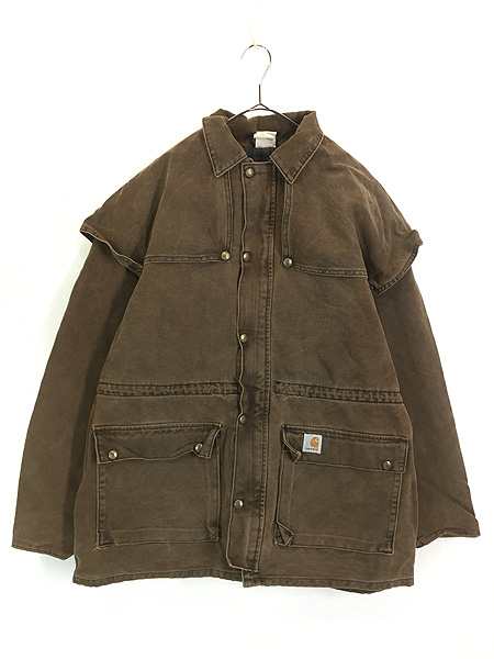 古着 80s USA製 Carhartt 裏ボア ダークブラウン ダック ワーク ダスター コート L 古着