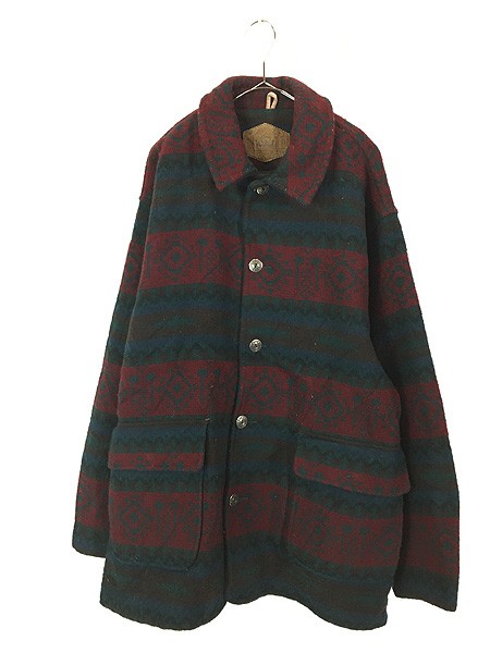 古着 80s USA製 WoolRich ネイティヴ チマヨ 総柄 ウール ブランケット コート コンチョボタン XL