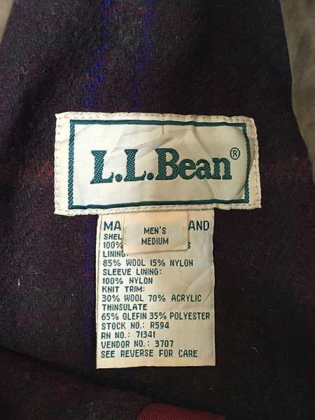 古着 80s LL Bean 名作 チェック ウール ライナー レザー フルジップ 襟 コットン キャンバス ジャケット M