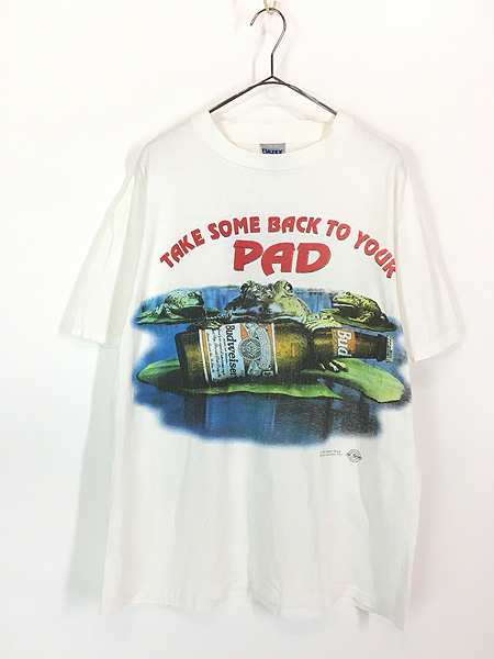 古着 90s Budweiser 「TAKE SOME BACK TO YOUR PAD」 ビール カエル 両面 グラフィック Tシャツ XL 古着